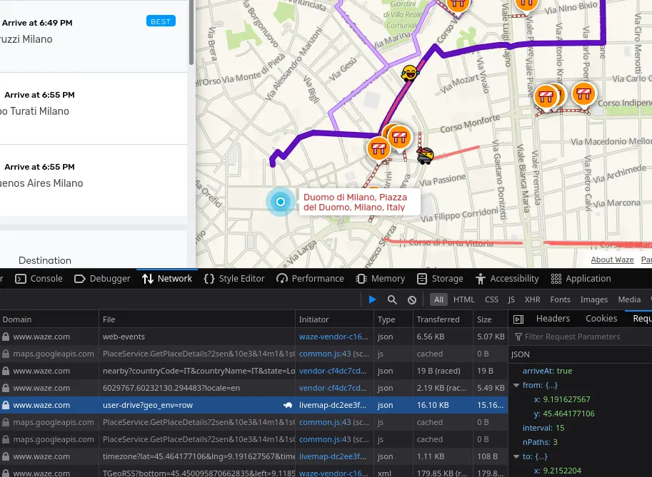 A browser with the developer tool opened to sniff the network requests of the web app